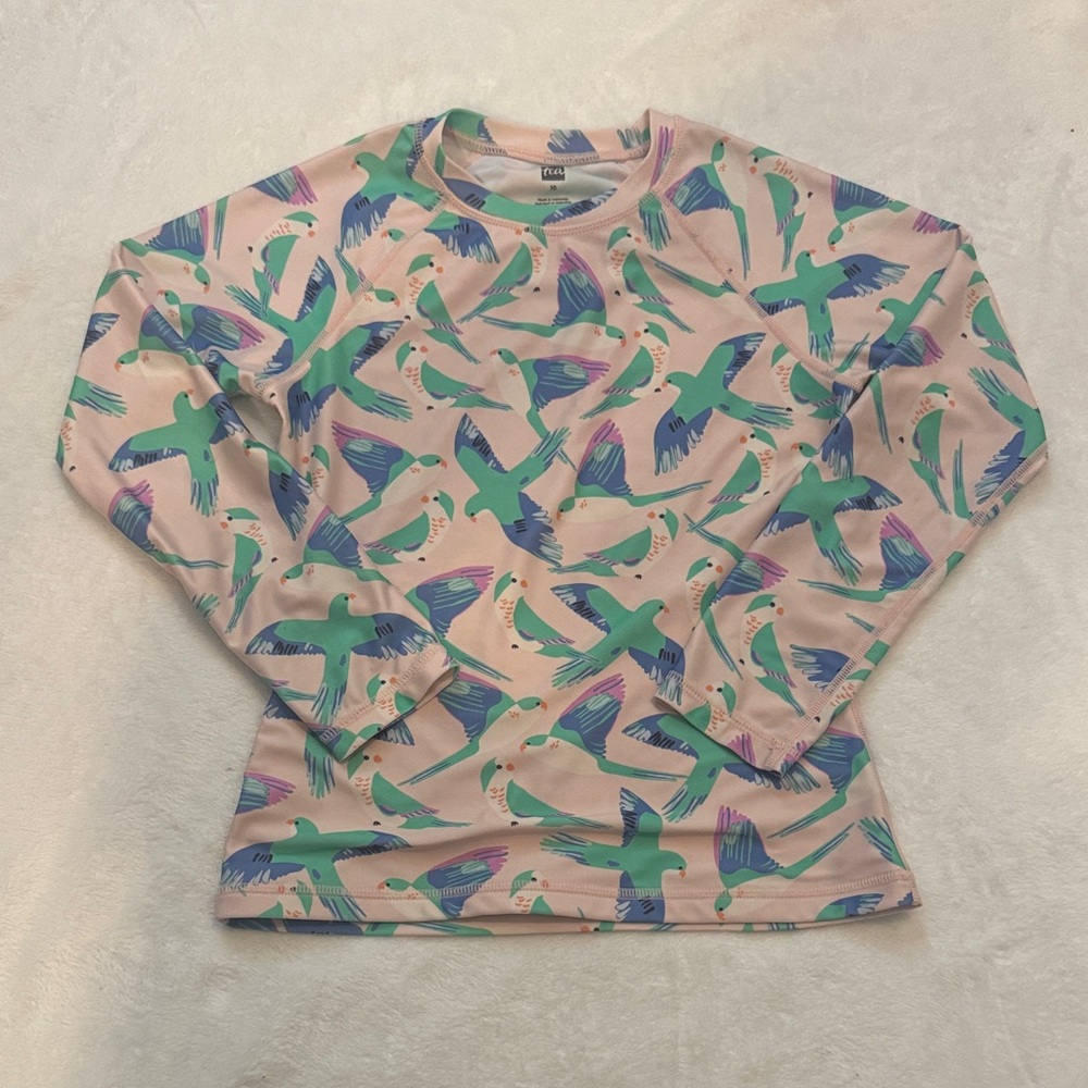 Tea Collection Girls Size 10 Bird Print Long Sleeve Rash Guard Swim Top UPF
